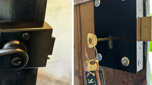 two different types of door locks with one showing a key inserted and keys attached to a keyring for enhanced security